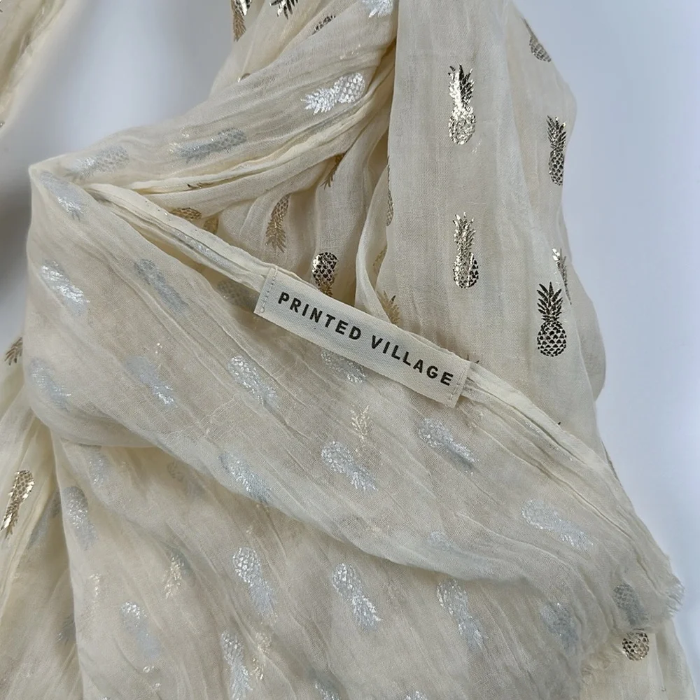 Printed Village Metallic Gold Pineapple Print Wrap Scarf
